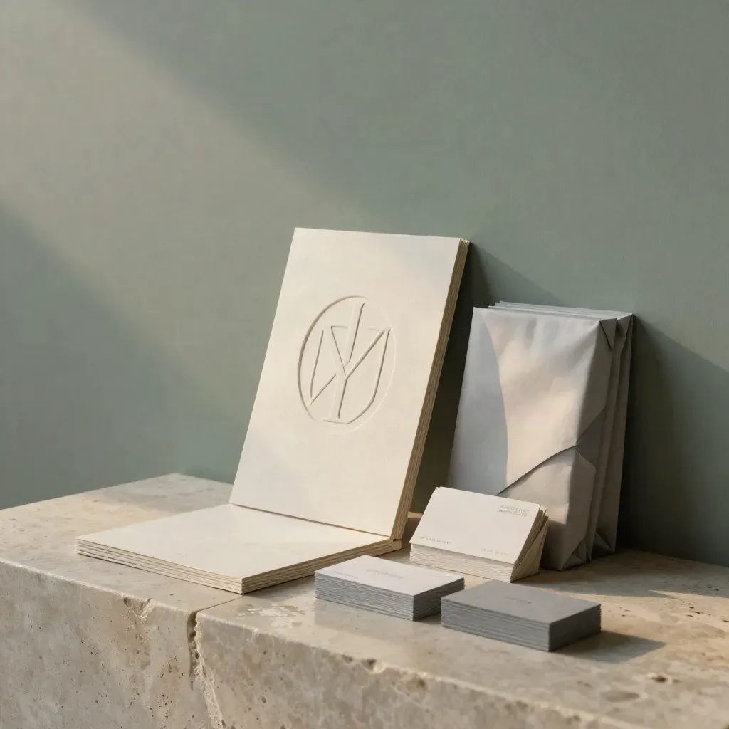 Studio-Szene mit geprägter Markenplakette, Broschüren, Visitenkarten und Verpackungsprototyp auf Steinplinthe.