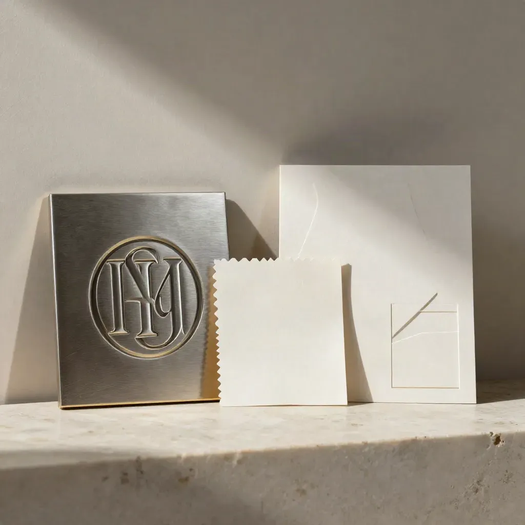 Logo-Design-Stillleben mit Monogramm-Plakette, Papiermuster und hochwertiger Markenidentität.