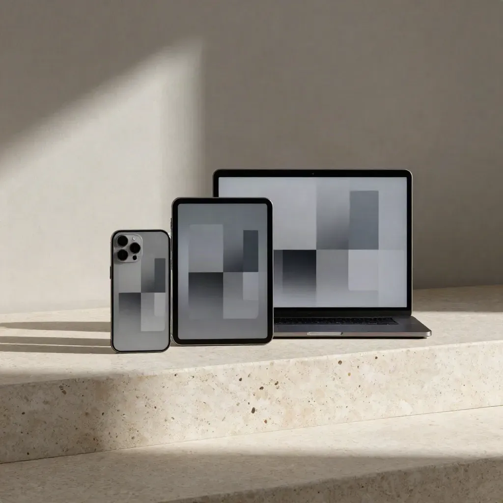 Drei Geräte-Mockups auf Travertinstufe, responsive Layouts leuchten im kühlen Licht.