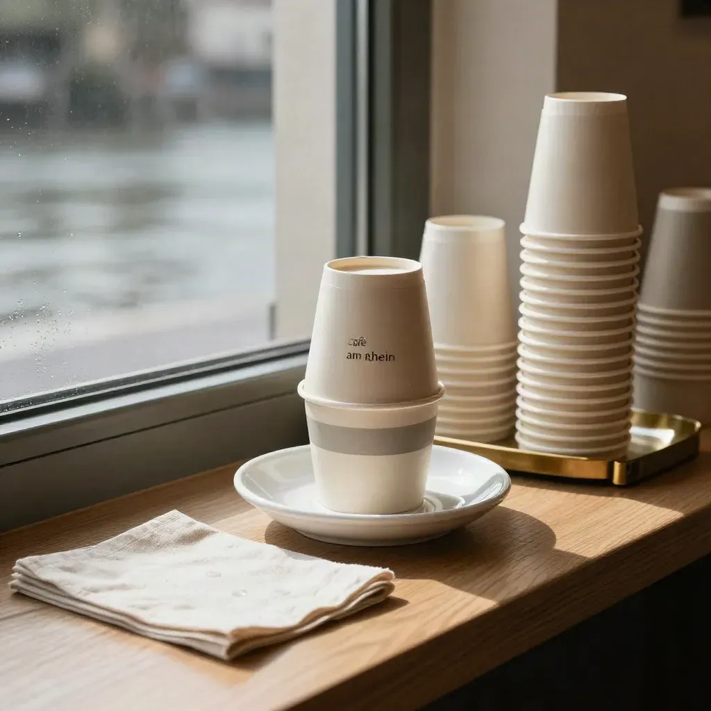Nahaufnahme der Café-Ecke mit Bechern, Saucen und Gebäck am Fenster im warmen Morgenlicht.