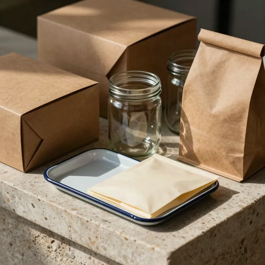 Kraftboxen, Glasgläser und Hüllen auf Travertin, hochwertig von oben arrangiert.