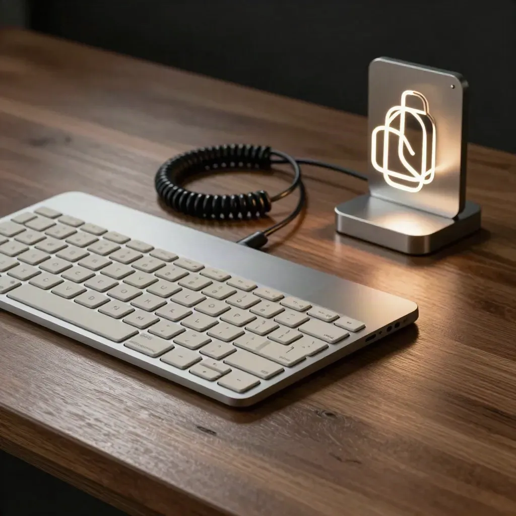 Tablet, Tastatur und Kabel auf Holztisch mit abstraktem Leuchten im Designstudio.