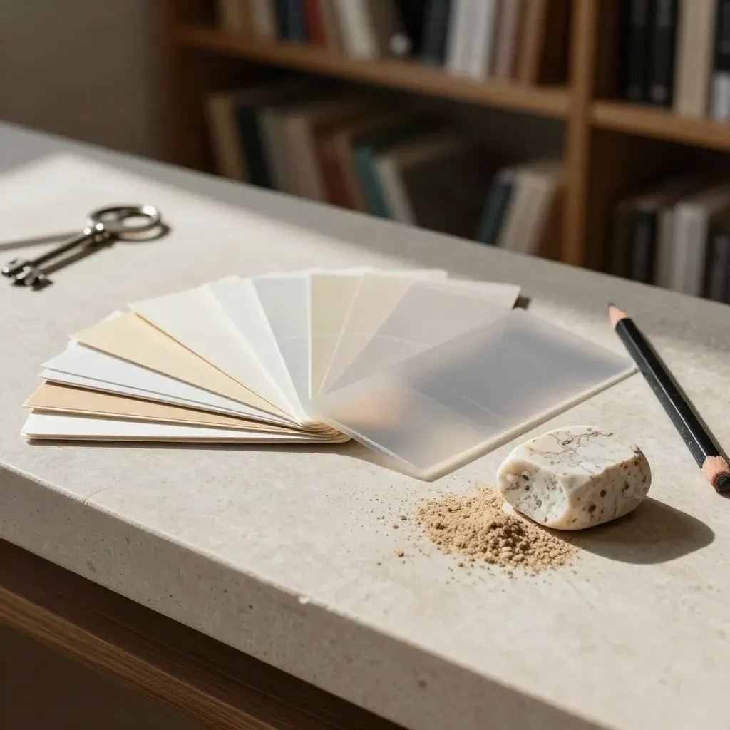 Materialmuster im Designstudio: Farbfächer, Folien, Bleistift und Steinprobe