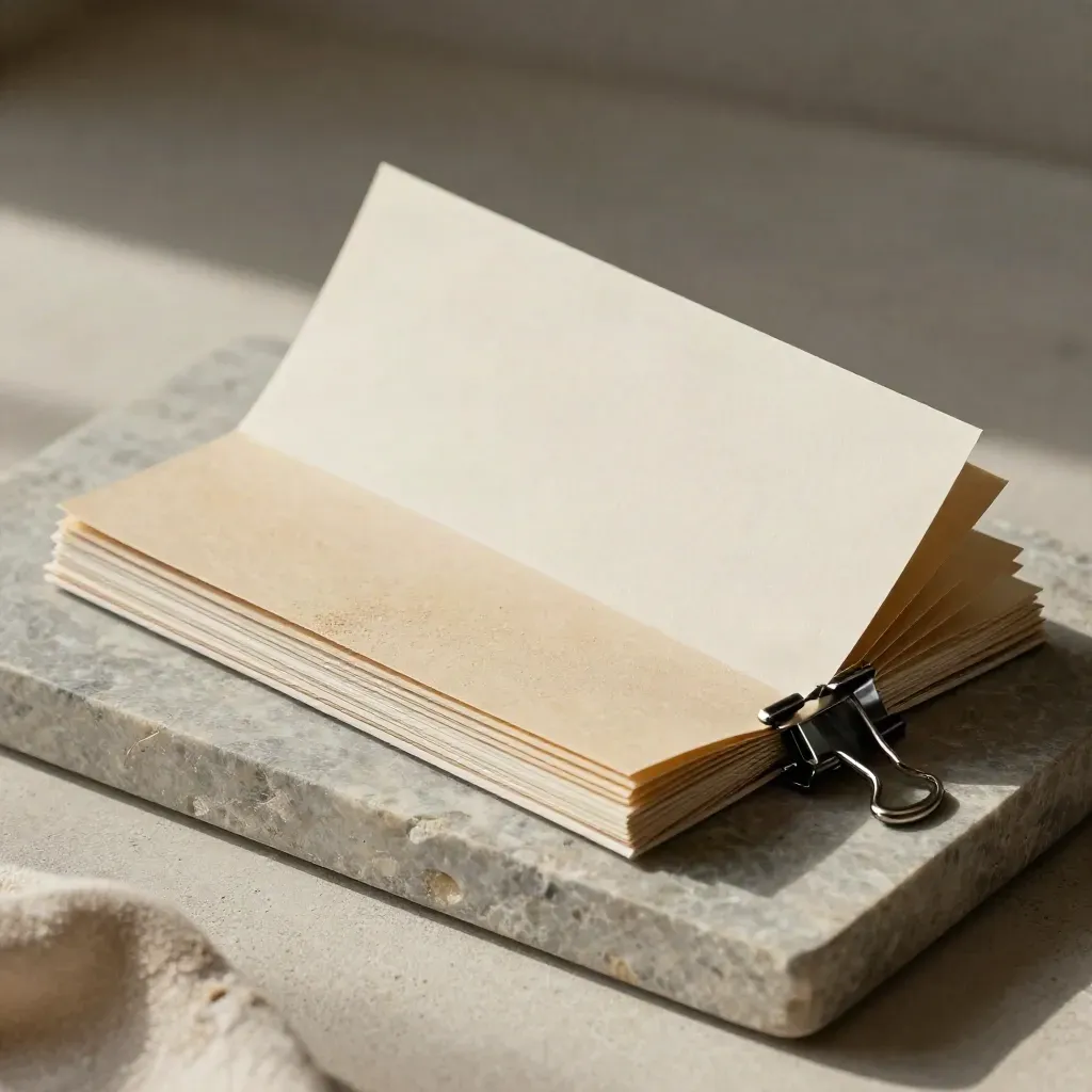 Papiermuster, Broschüren-Dummy und Chrome-Clip auf Steintray im Seitenlicht.