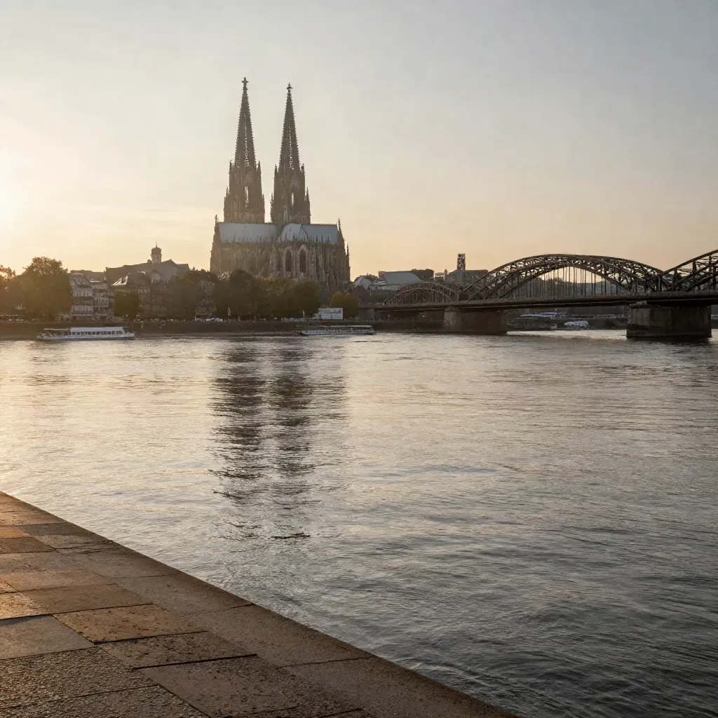 Köln und Bonn im goldenen Dunst, mit Domspitzen und Rheinbrücke über ruhigem Wasser.