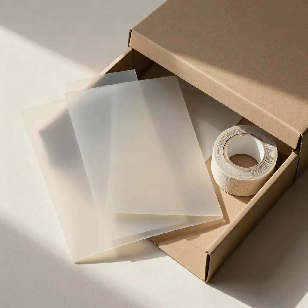 Archivbox mit drei Hüllen und aufgerolltem Stoffband auf hellem Putzgrund